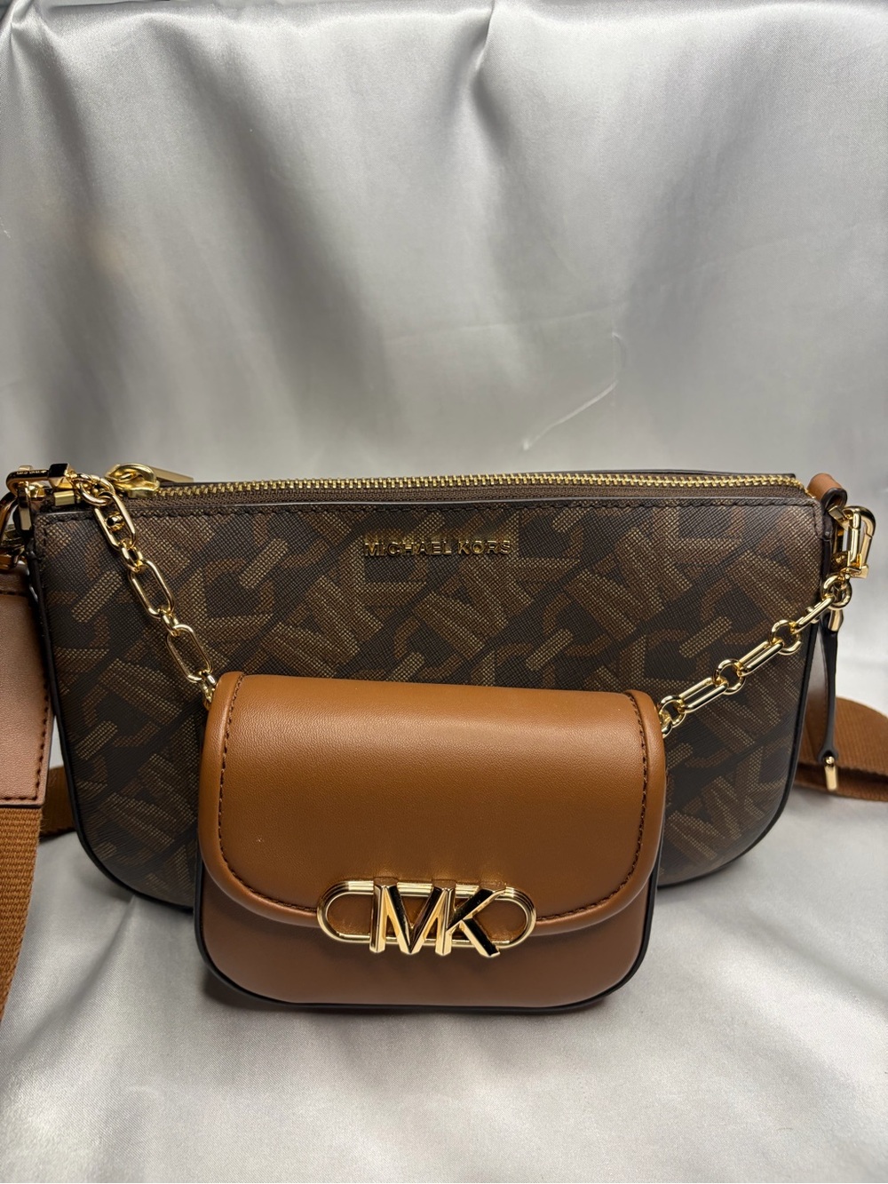 Michael Kors Brown Logo and Tan Leather Dual Crossbody Bag